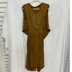 C. Luce Cape Sleeve Back Slit Shift Midi Dress Khaki Brown Women's Size Small
